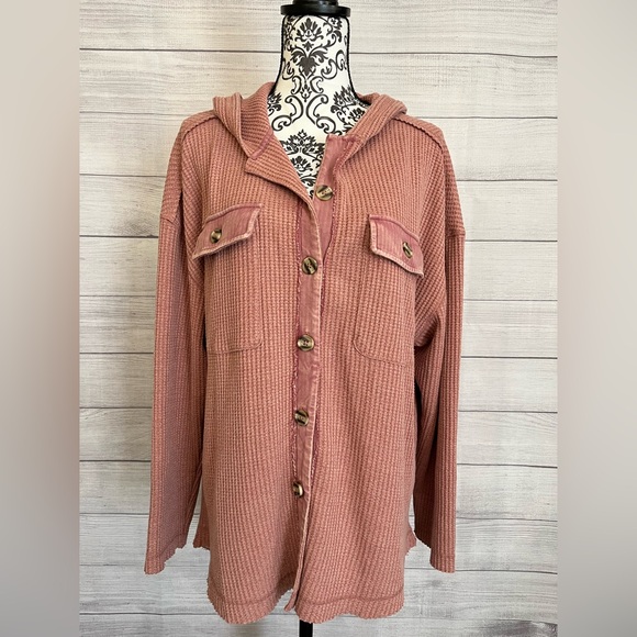 new in Tops - New In | Waffle Knit Hooded Button Down Top